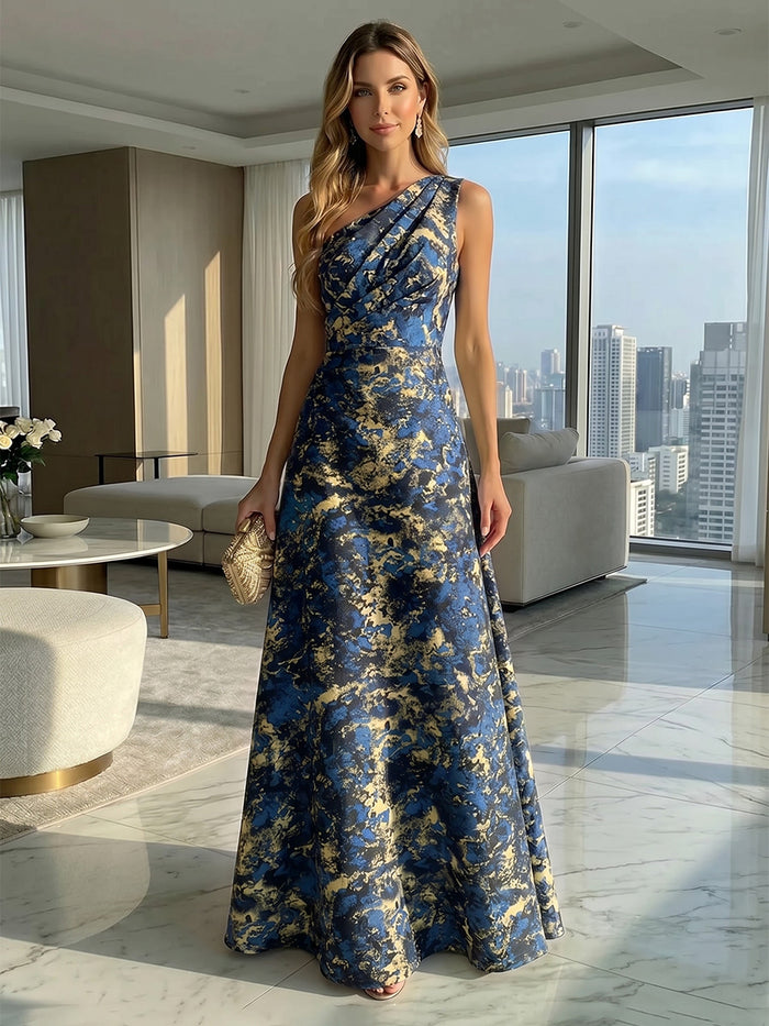 Jacquard A-Line One Shoulder Pleated Formal Dresses