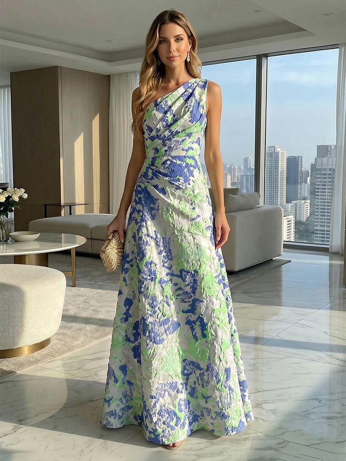 Jacquard A-Line One Shoulder Pleated Formal Dresses