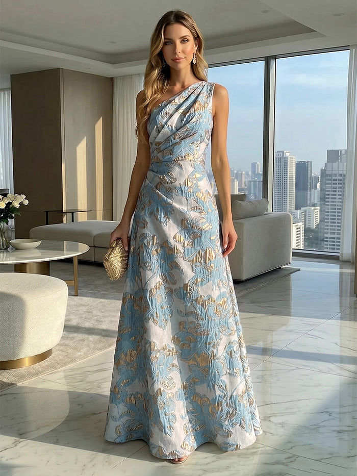 Jacquard A-Line One Shoulder Pleated Formal Dresses