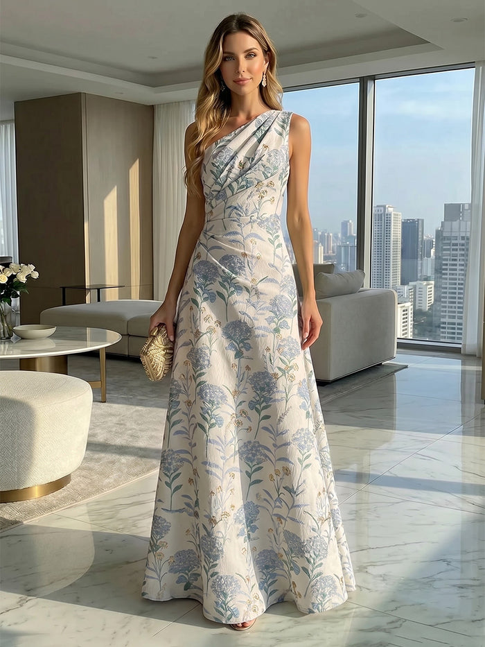 Jacquard A-Line One Shoulder Pleated Formal Dresses