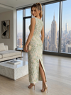 Jacquard Sheath Boat Neck  Formal Dresses with Slit