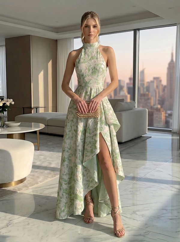 Jacquard High Low Halter Formal Dresses with Ruffles