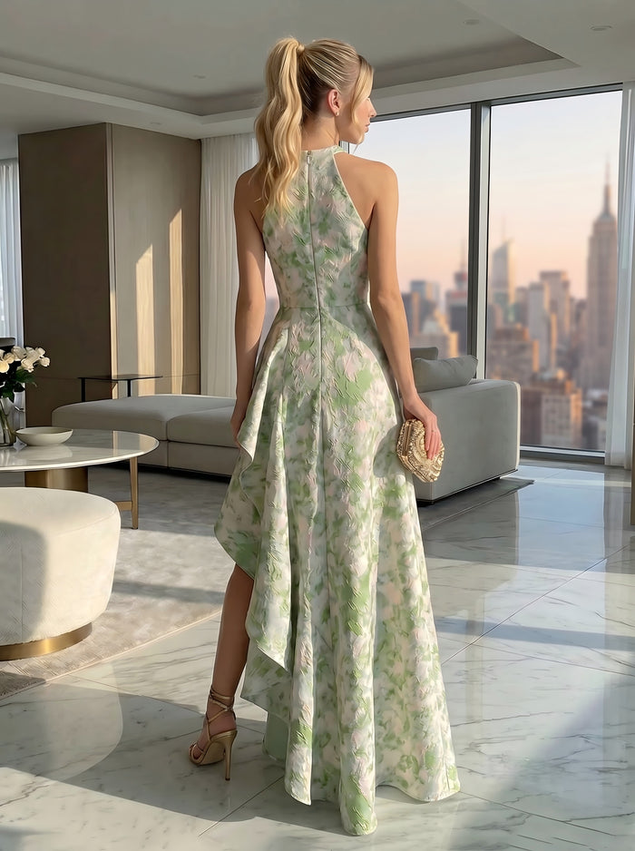 Jacquard High Low Halter Formal Dresses with Ruffles