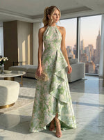 Jacquard High Low Halter Formal Dresses with Ruffles