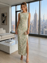 Jacquard Sheath Boat Neck  Formal Dresses with Side Slit