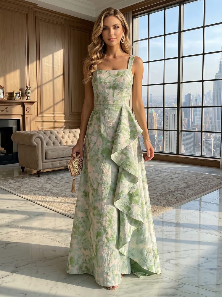 Jacquard A-Line Square Neck Formal Dresses with Ruffles