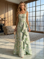 Jacquard A-Line Square Neck Formal Dresses with Ruffles