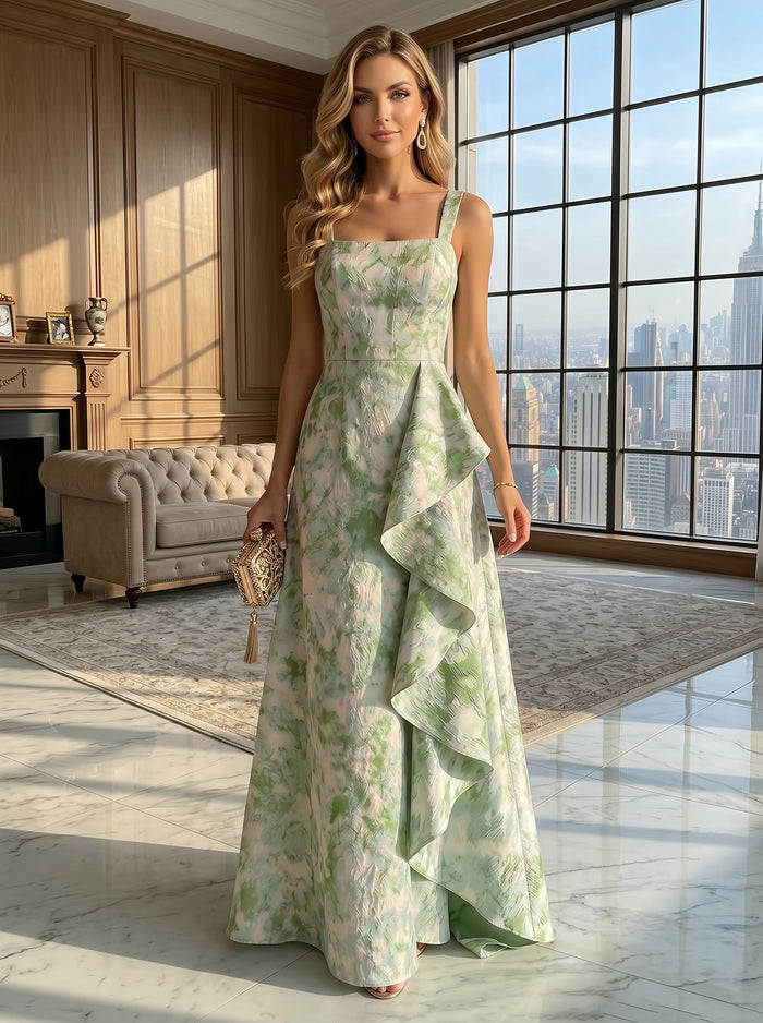 Jacquard A-Line Square Neck Formal Dresses with Ruffles
