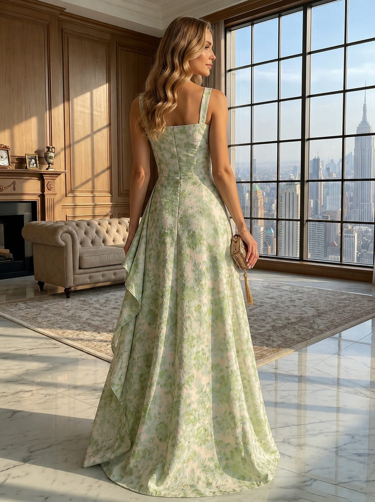 Jacquard A-Line Square Neck Formal Dresses with Ruffles