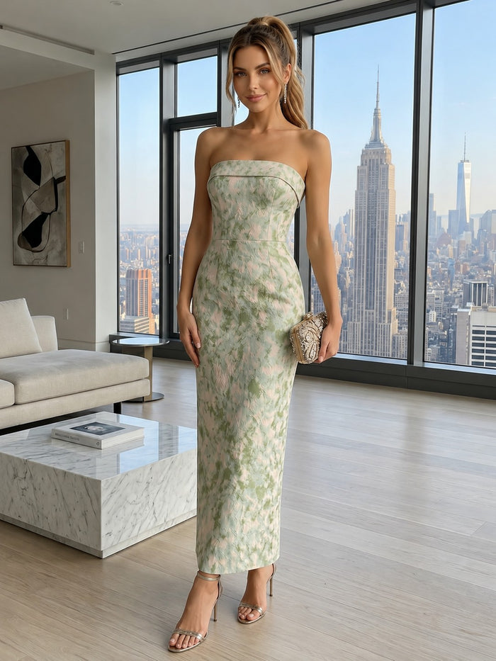 Jacquard Sheath Strapless Formal Dresses with Slit