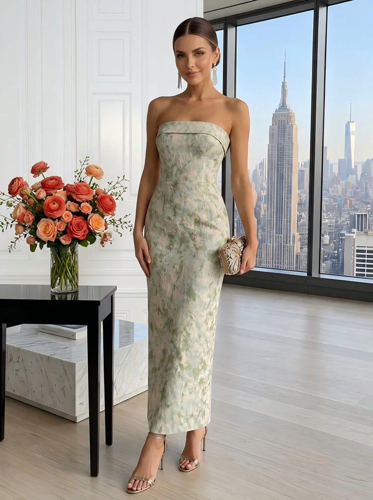 Jacquard Sheath Strapless Cocktail Dresses with Slit