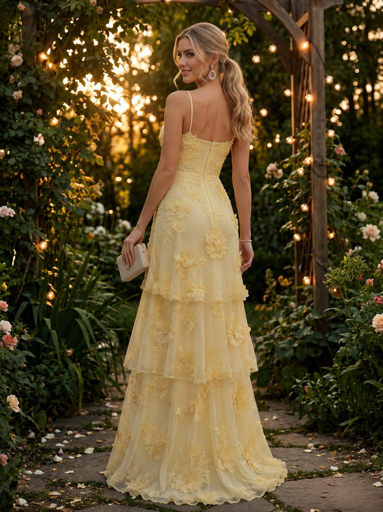 Tulle A-Line Spaghetti Straps Evening Dresses with Floral Embroidery