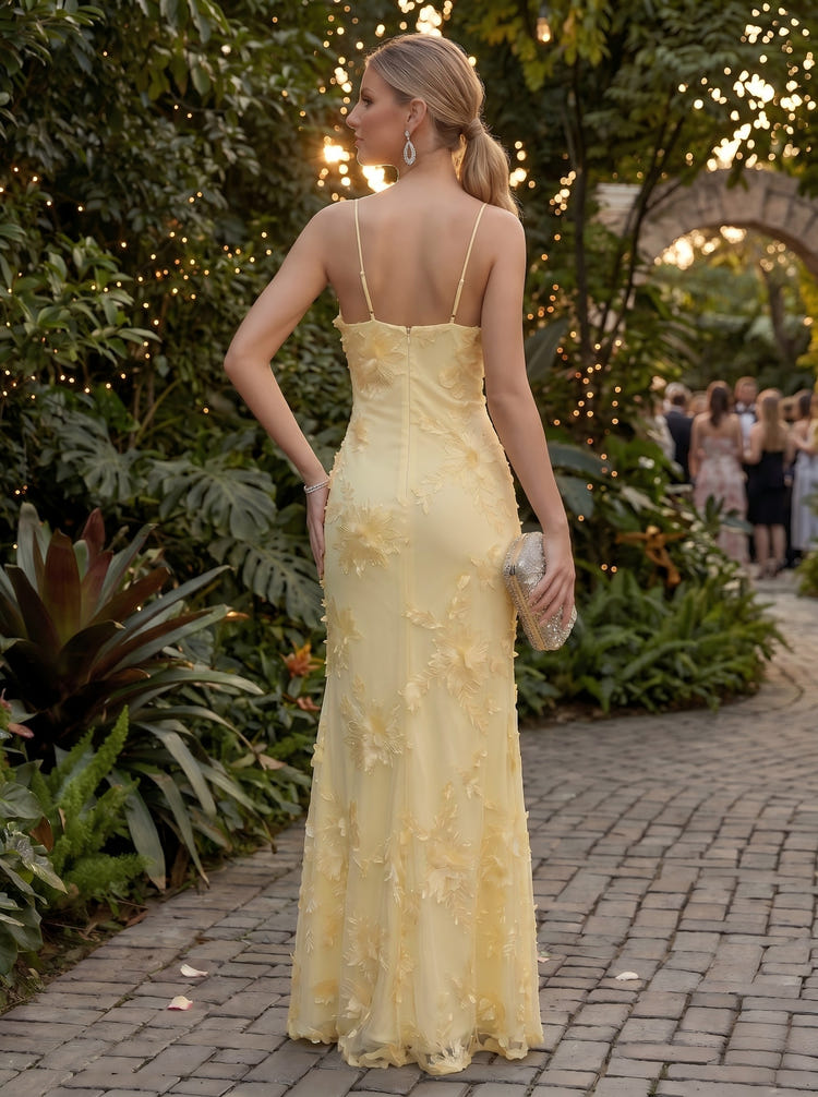 Tulle Mermaid Spaghetti Straps Evening Dresses with Floral Embroidery