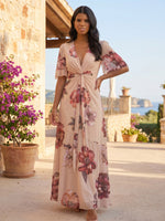 Chiffon A-Line V Neck Floral Print Formal Dresses