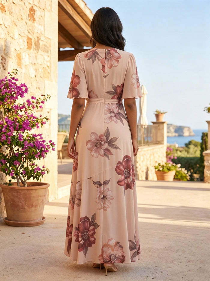 Chiffon A-Line V Neck Floral Print Formal Dresses