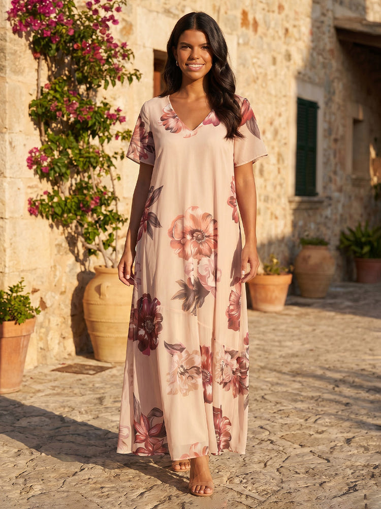 Chiffon A-Line V Neck Floral Print Formal Dresses