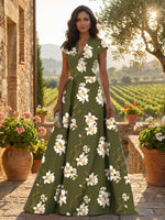 Satin A-Line V Neck Floral Print Mother of the Bride Dresses