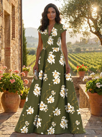 Satin A-Line V Neck Floral Print Mother of the Bride Dresses