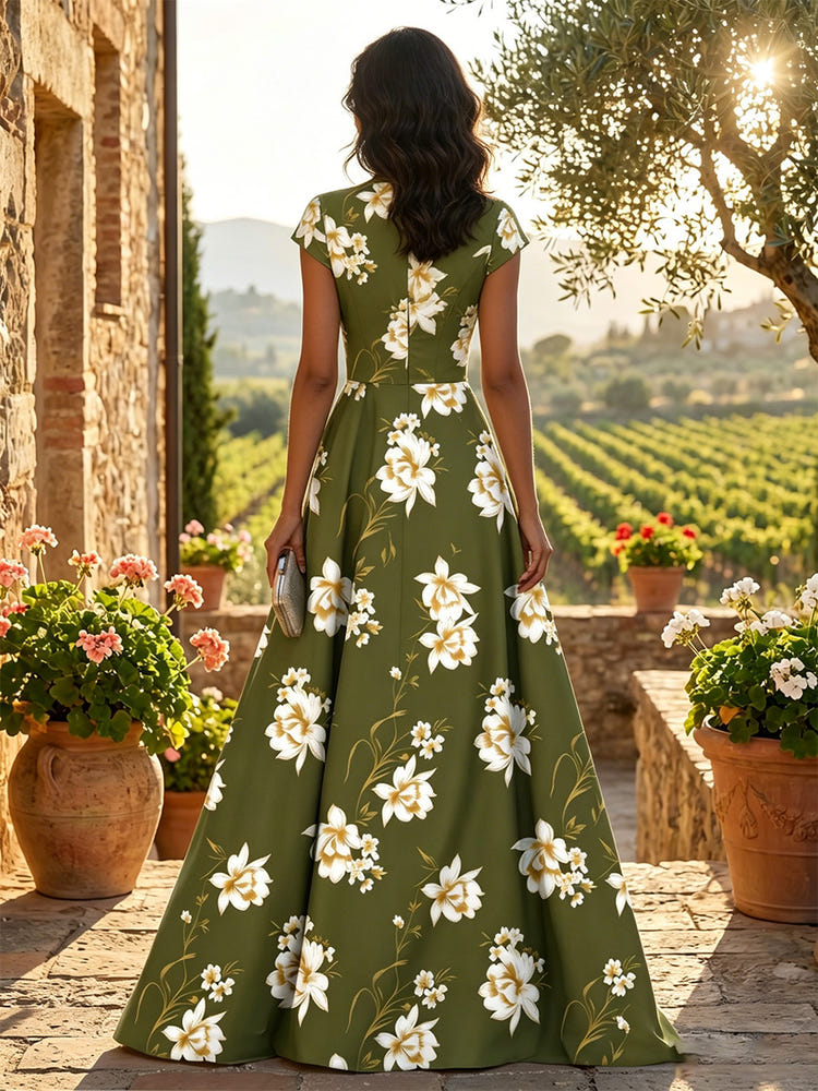 Satin A-Line V Neck Floral Print Mother of the Bride Dresses
