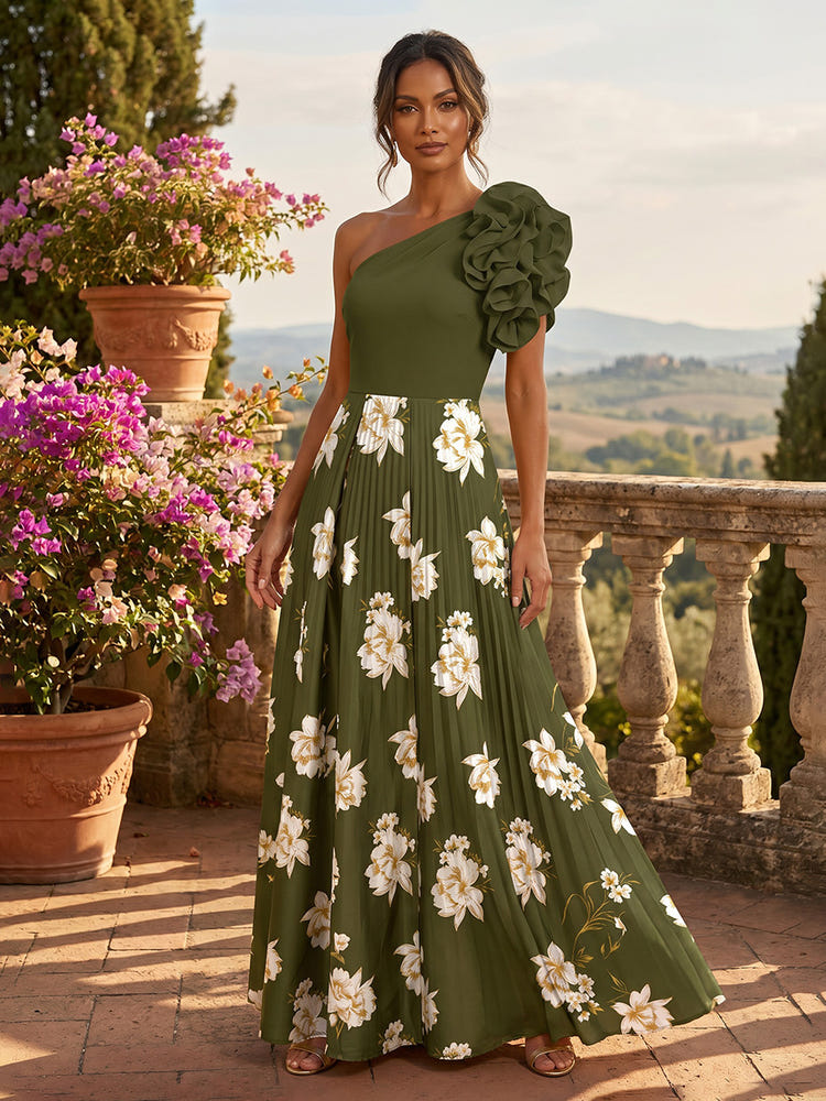 Satin A-Line One Shoulder Floral Print Mother of the Bride Dresses