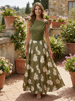 Satin A-Line Asymmetric Neck Floral Print Formal Dresses