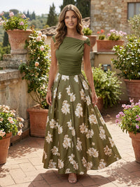 Satin A-Line Asymmetric Neck Floral Print Formal Dresses