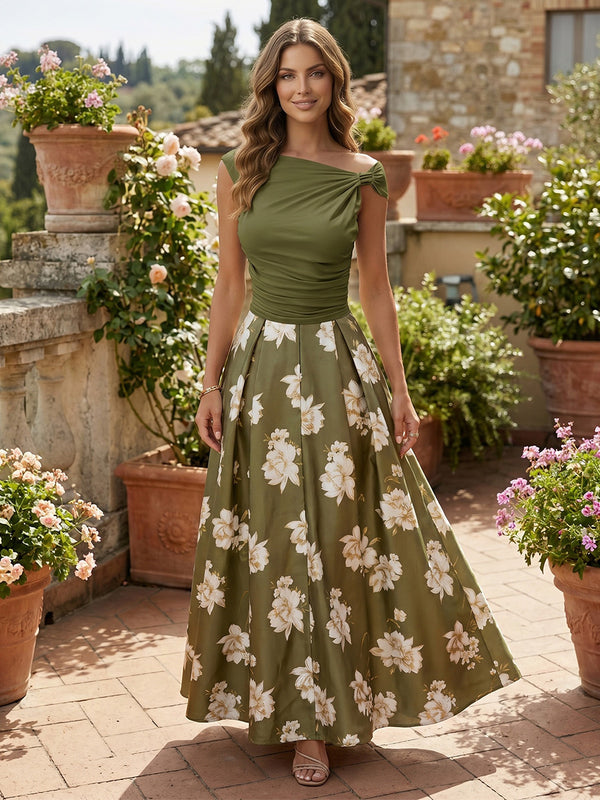 Satin A-Line Asymmetric Neck Floral Print Formal Dresses