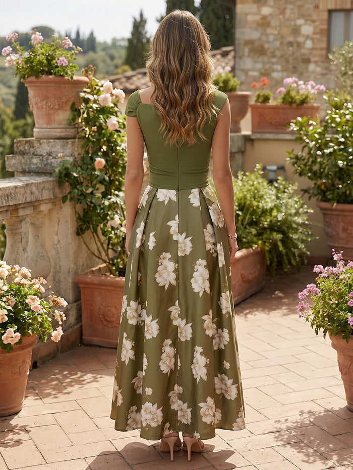 Satin A-Line Asymmetric Neck Floral Print Formal Dresses