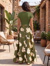 Satin A-Line V Neck Floral Print Mother of the Bride Dresses