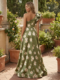 Satin A-Line One Shoulder Floral Print Formal Dresses