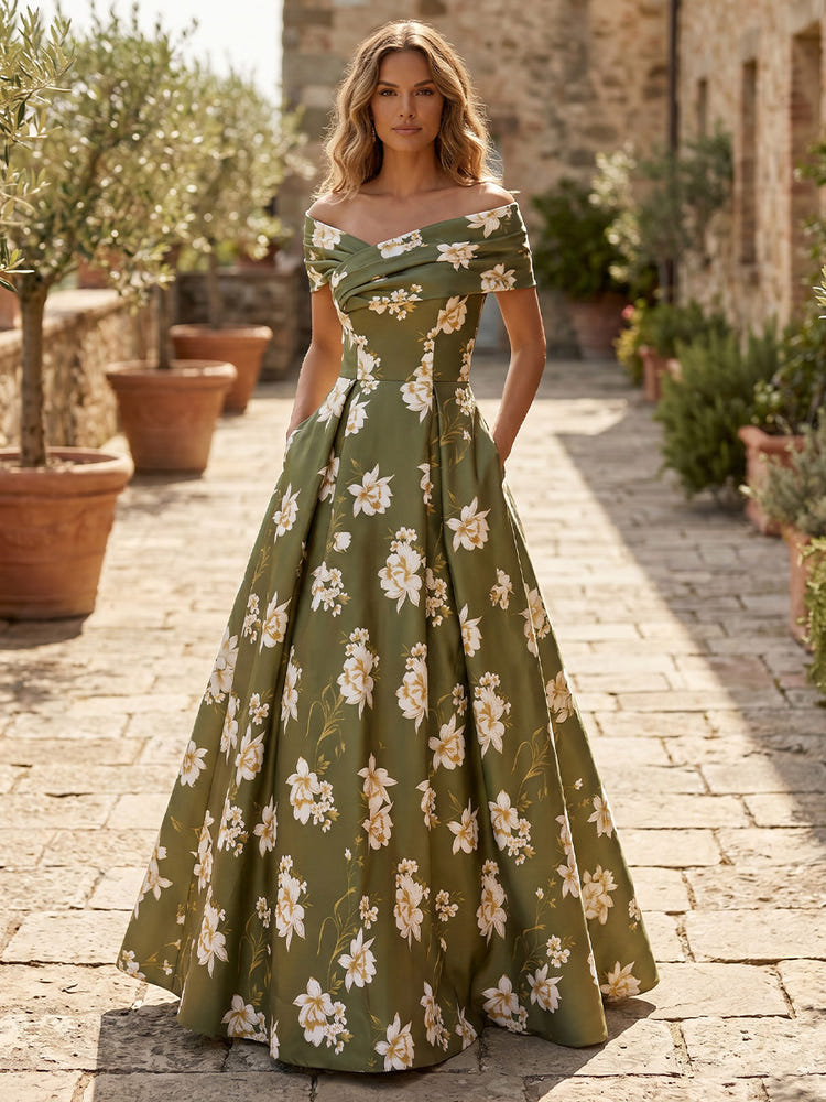 Satin A-Line Off the Shoulder Floral Print Mother of the Bride Dresses