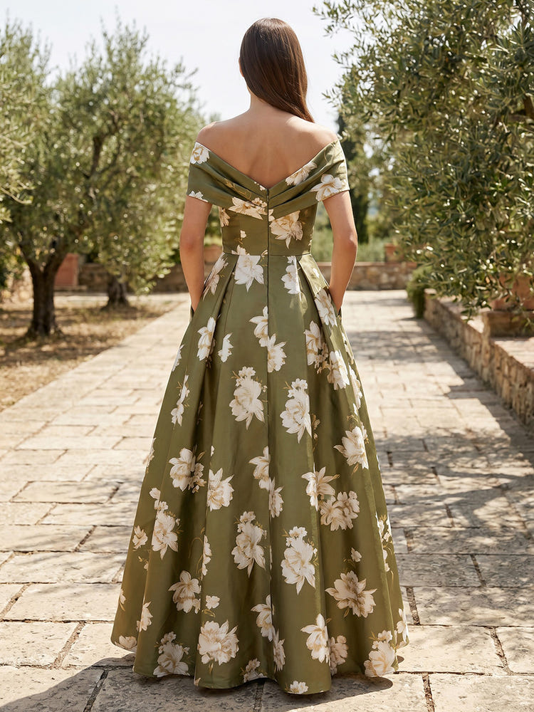 Satin A-Line Off the Shoulder Floral Print Mother of the Bride Dresses