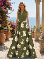 Satin A-Line V Neck Floral Print Mother of the Bride Dresses