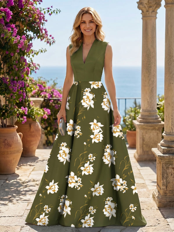 Satin A-Line V Neck Floral Print Mother of the Bride Dresses