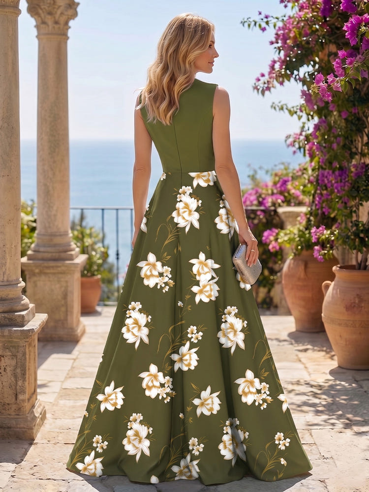 Satin A-Line V Neck Floral Print Mother of the Bride Dresses