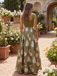 Satin A-Line Square Neck Floral Print Formal Dresses