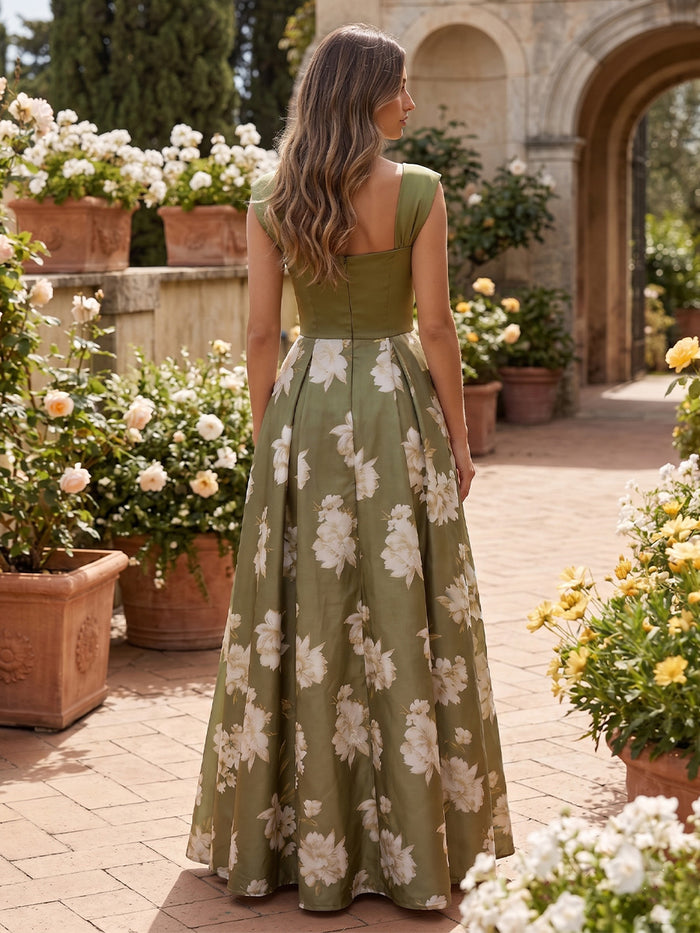 Satin A-Line Square Neck Floral Print Formal Dresses