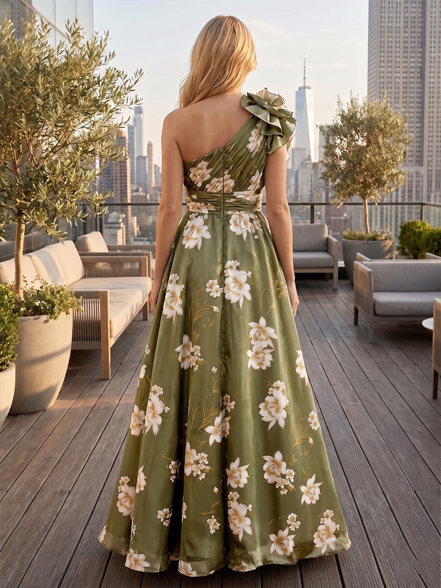 Satin A-Line One Shoulder Floral Print Formal Dresses