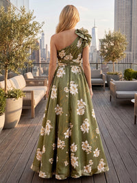 Satin A-Line One Shoulder Floral Print Formal Dresses