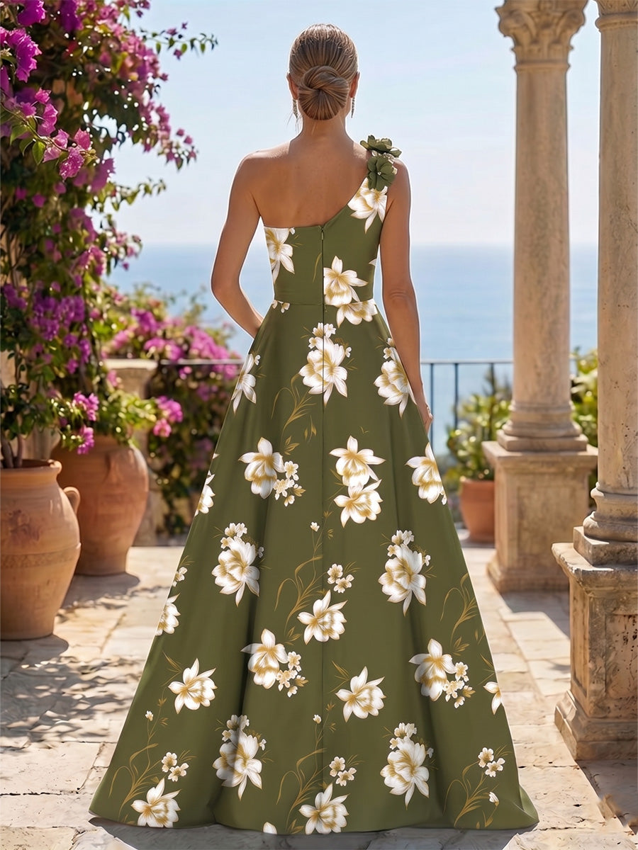 Satin A-Line One Shoulder Floral Print Mother of the Bride Dresses