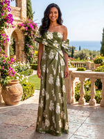 Satin Sheath Asymmetric Neck Floral Print Formal Dresses
