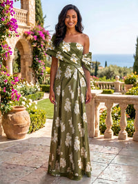 Satin Sheath Asymmetric Neck Floral Print Formal Dresses