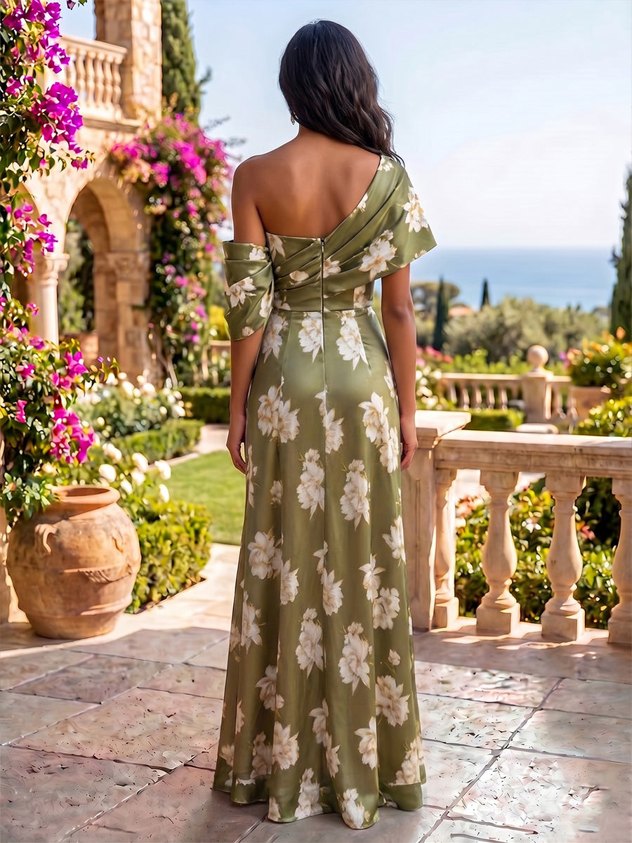 Satin Sheath Asymmetric Neck Floral Print Formal Dresses