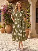 A-Line Satin High Neck Floral Printed Mother of the Bride Dresses with Sleeves