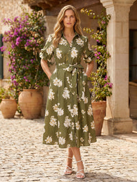 A-Line Satin High Neck Floral Printed Mother of the Bride Dresses with Sleeves