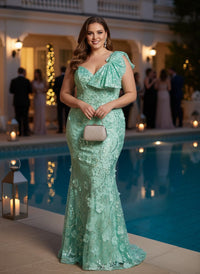 Tulle Mermaid One Shoulder Plus Size Dresses with Sequin Embroidery