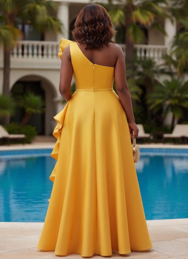 Satin High Low One Shoulder Plus Size Dresses with 3D Flowers