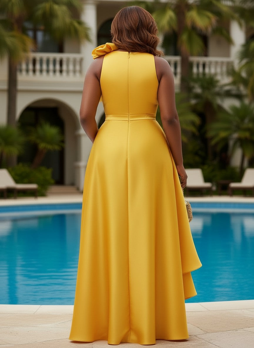 Satin High Low One Shoulder Plus Size Dresses with 3D Flowers