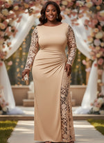 Satin Mermaid Crew Neck Plus Size Dresses with Lace Applique