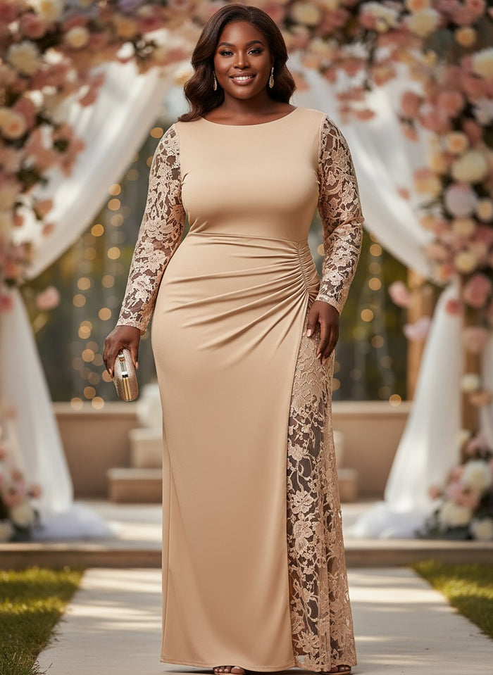 Satin Mermaid Crew Neck Plus Size Dresses with Lace Applique
